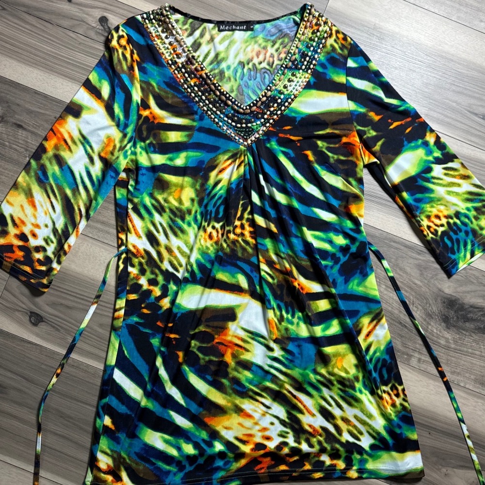 Mechant Womens Multi Color Animal Print Beaded V-Neck Tunic Top Size Small